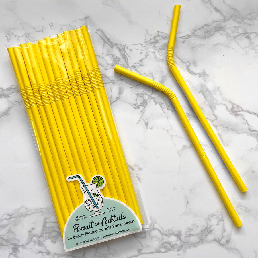 Yellow paper party supplies. Bendy paper straws from The Pursuit of Cocktails.