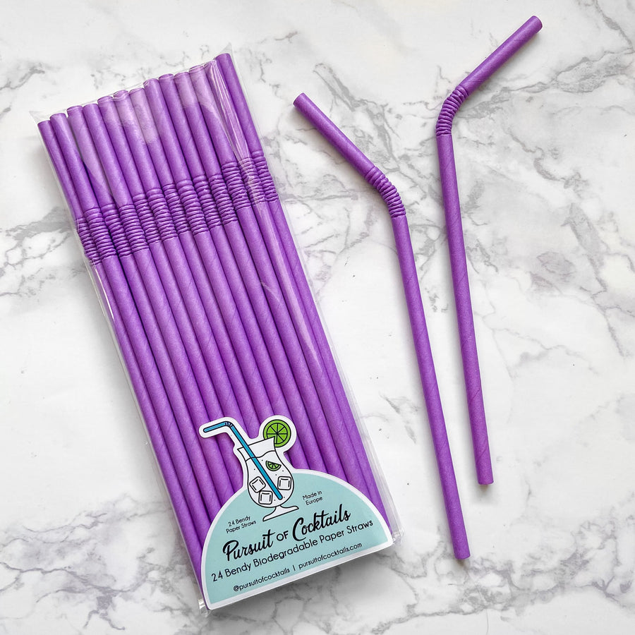 Purple bendy paper straws from The Pursuit of Cocktails. Purple party decor ideas.