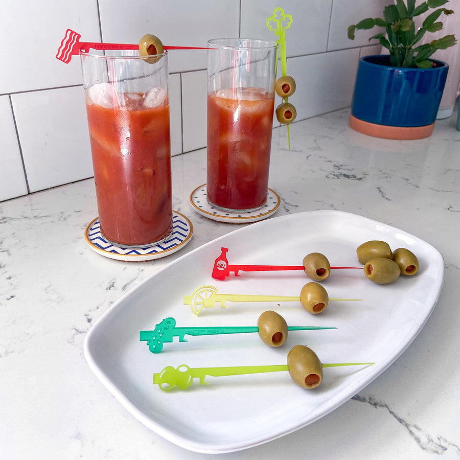 Bloody Mary cocktail pick set. Swizzly Sticks in bacon, celery, olives, pickles, lemon wedge and hot sauce designs.