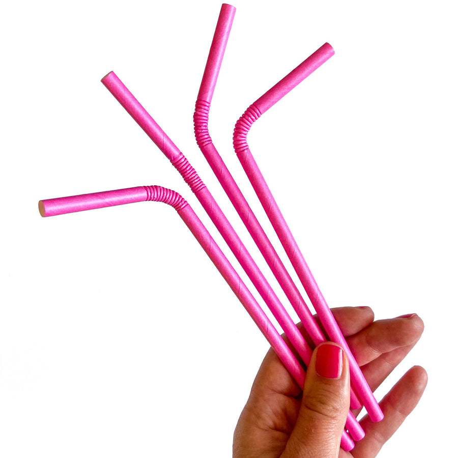 Eco-friendly, biodegradable paper straws with bendy neck in bright pink from The Pursuit of Cocktails.