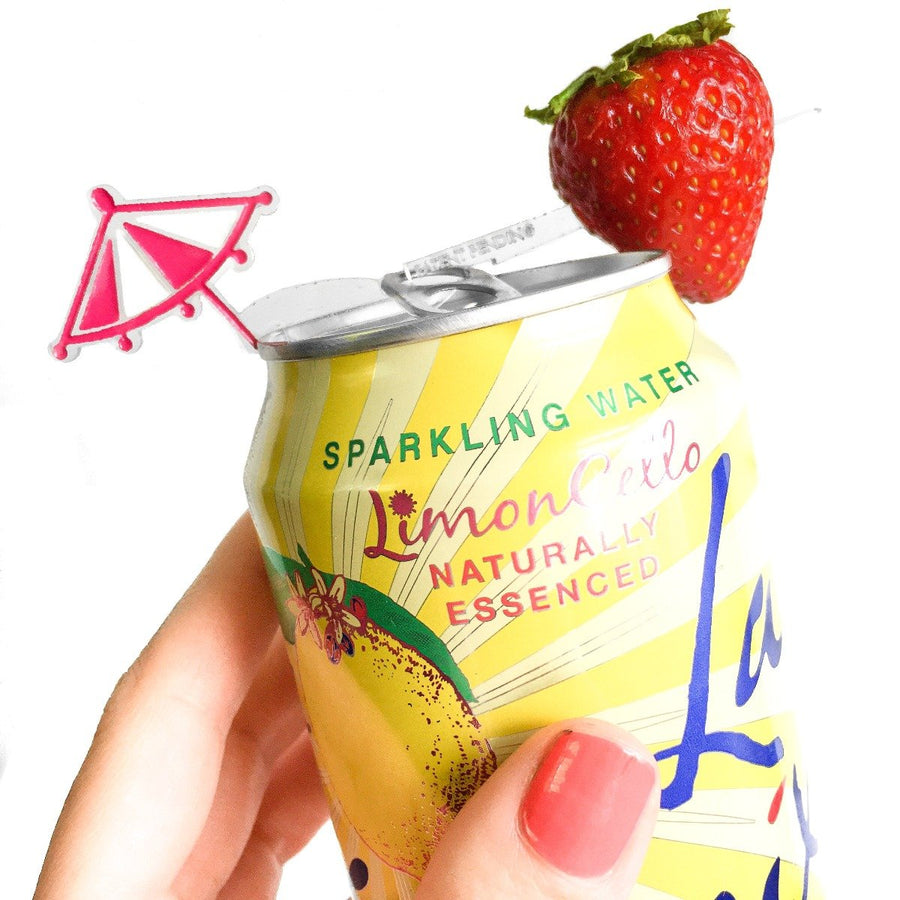 Drink umbrella made for canned drinks that doubles as a drink marker and cocktail stick specifically for canned beverages
