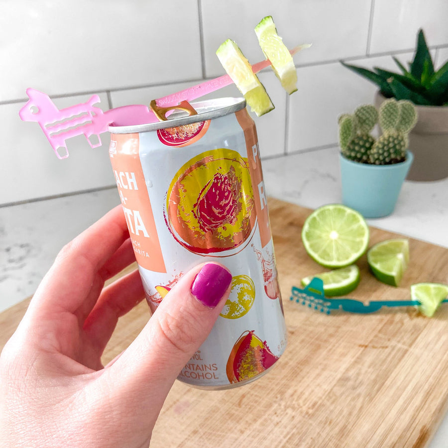 Piñata shaped drink marker made to fit on canned drinks - Swizzly Sticks.
