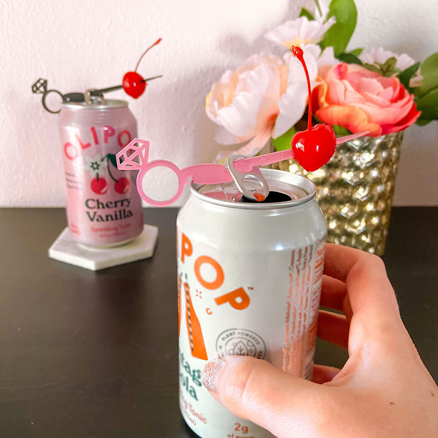 Pink diamond ring drink marker for cans party favor for bachelorette parties. Swizzly Sticks for cans.