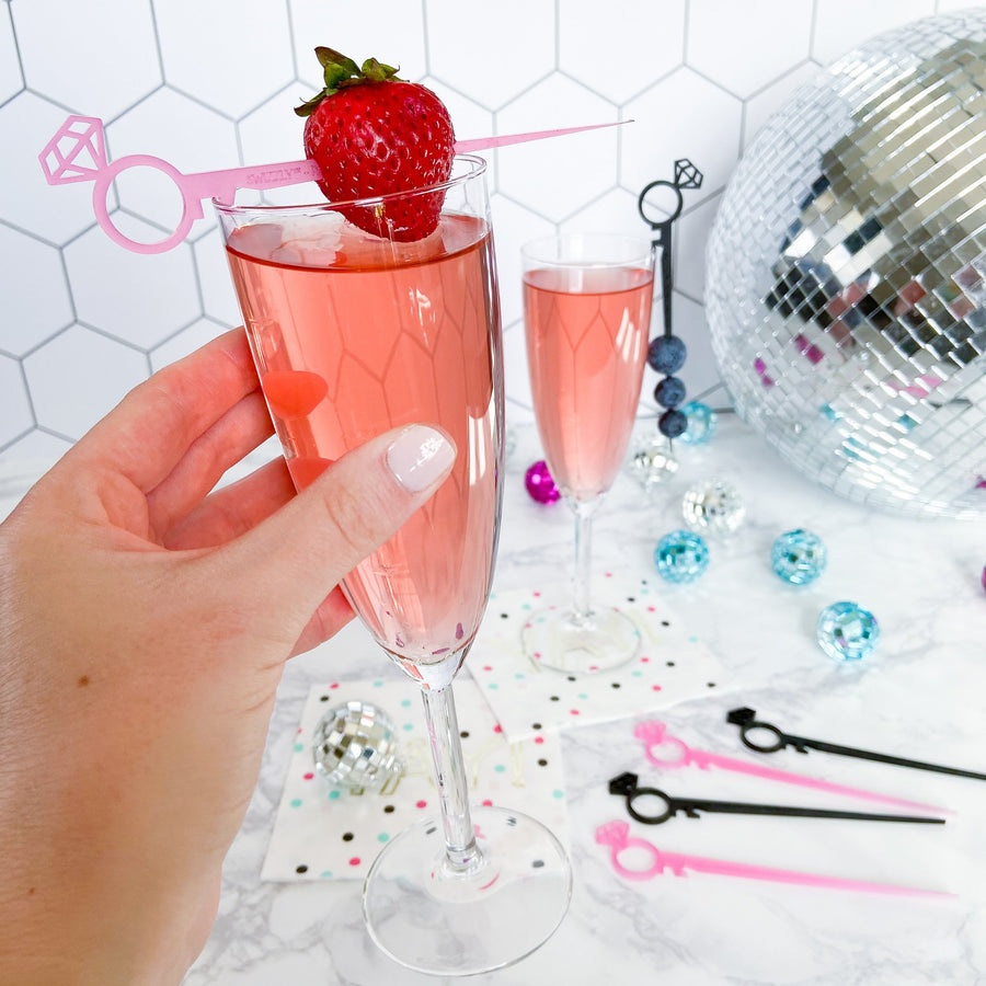 Bachelorette party favor drink marker and cocktail stick in black and pink, diamond ring Swizzly