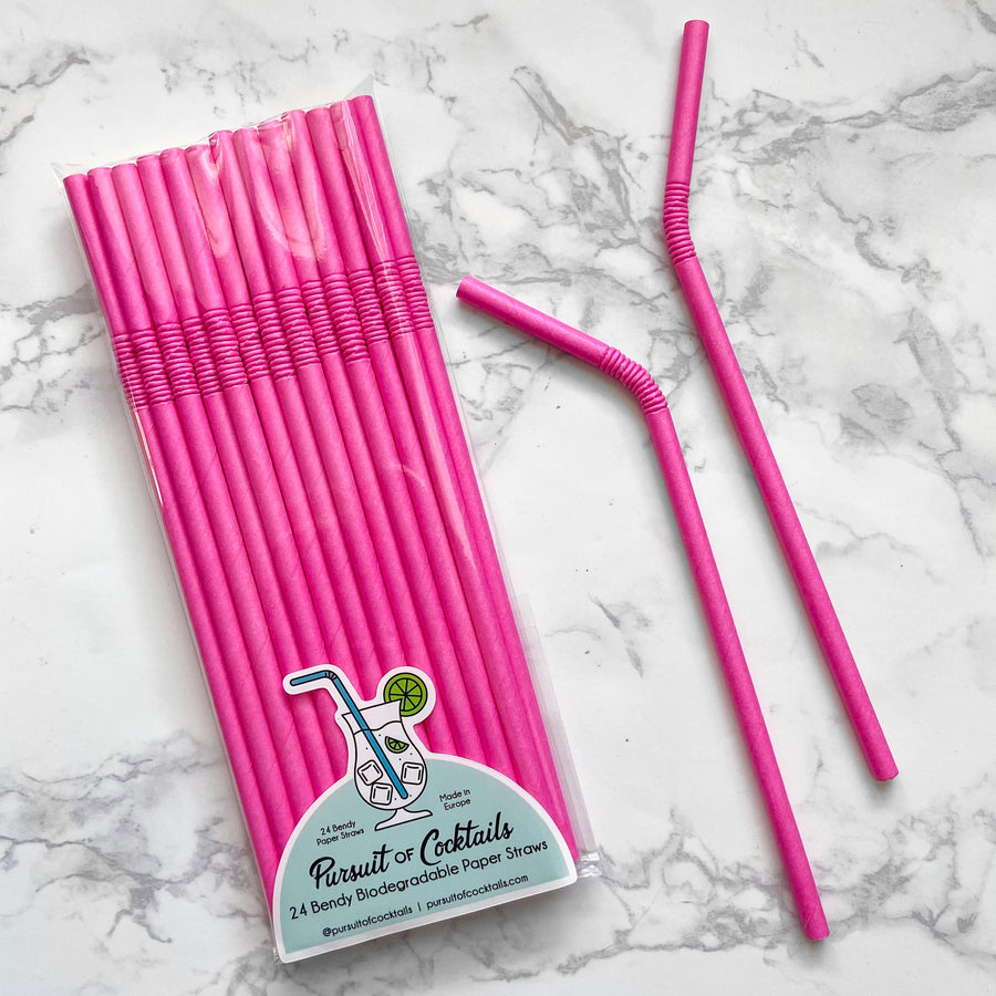 Hot pink paper party supplies. Flexible neck paper straws from The Pursuit of Cocktails.
