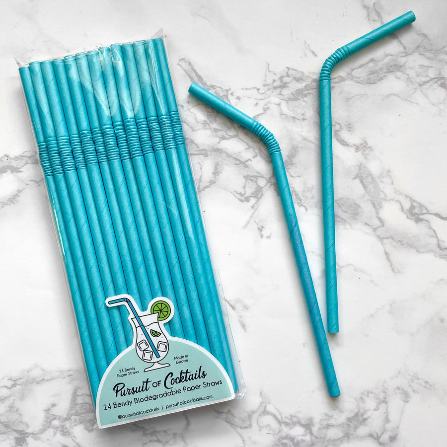 Teal bendy paper straws from The Pursuit of Cocktails