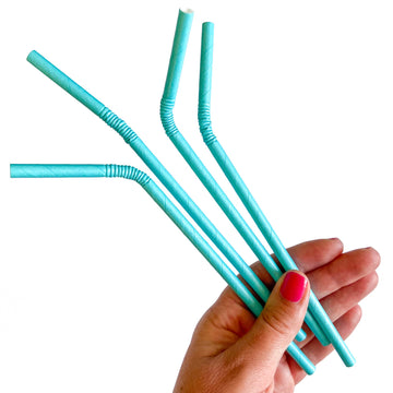 Turquoise bendy paper straws from Pursuit of Cocktails. Eco friendly straws that are biodegradable, compostable and food safe.