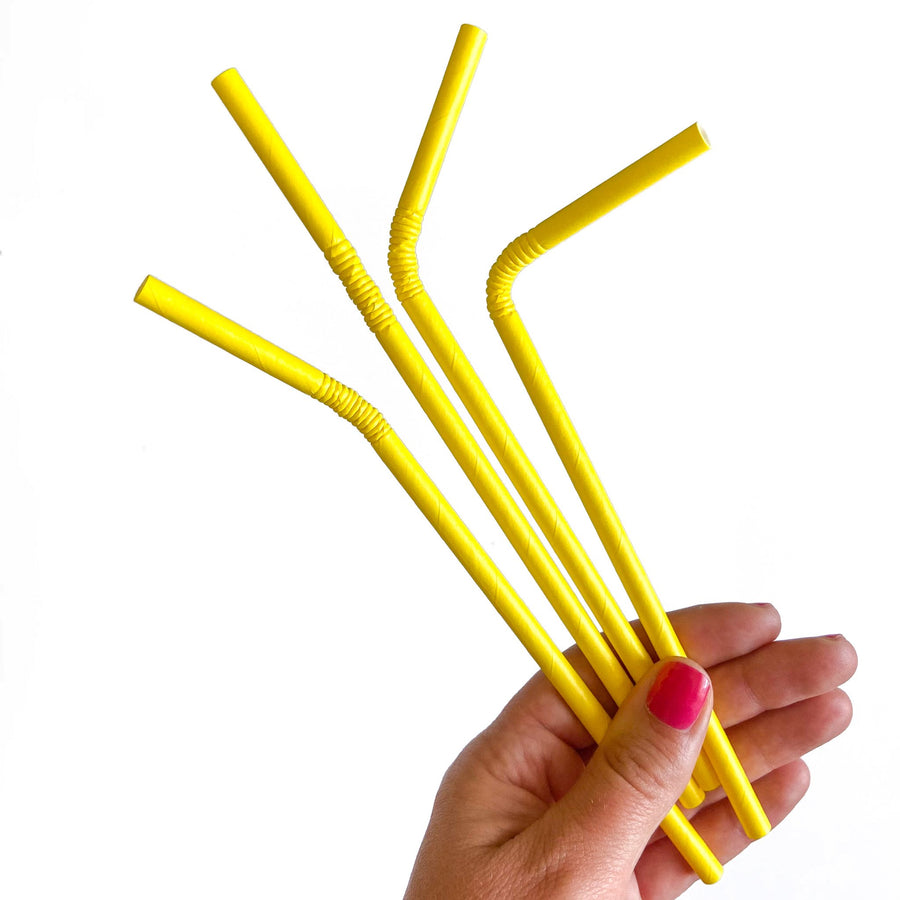 Bendy yellow paper straws from The Pursuit of Cocktails. Eco friendly paper straws that are food safe, biodegradable, compostable and recyclable.