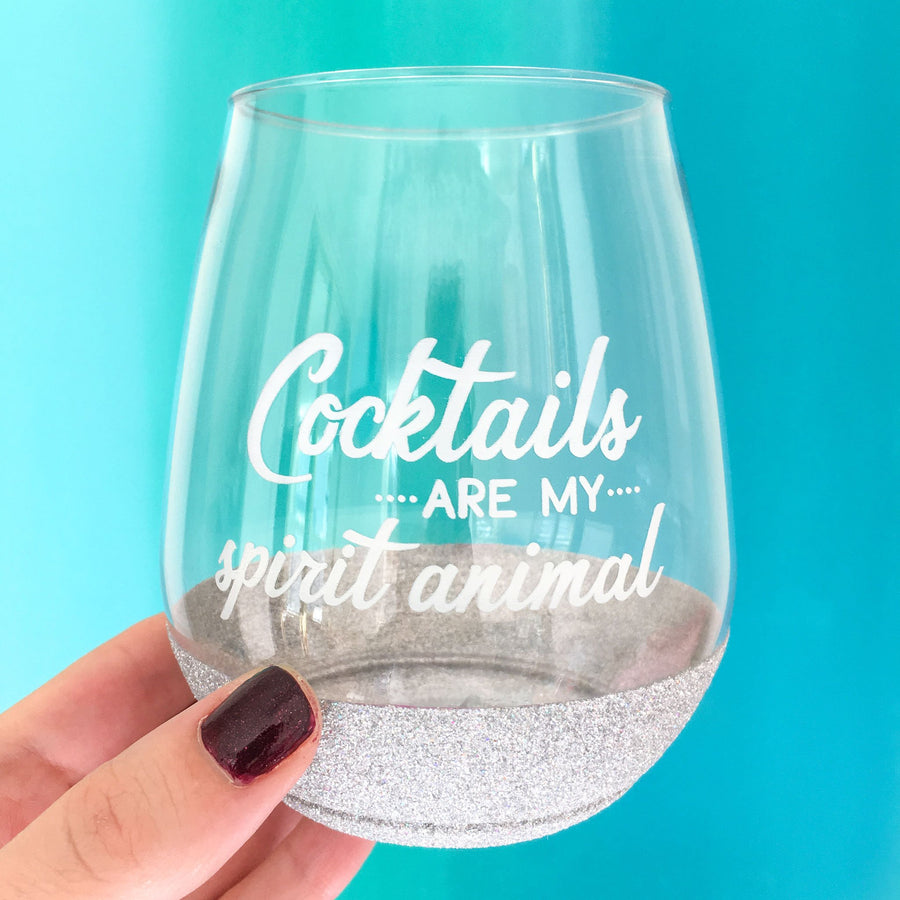 Silver glitter cocktail glass with saying