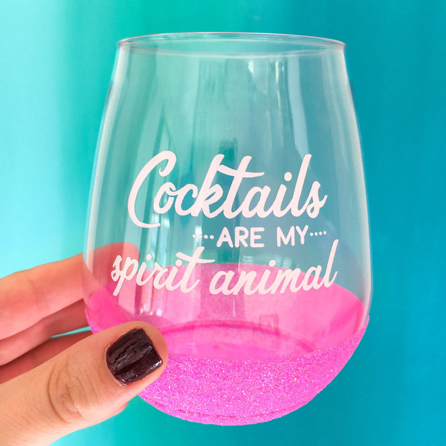 Hot pink glitter dipped cocktail glass with funny saying
