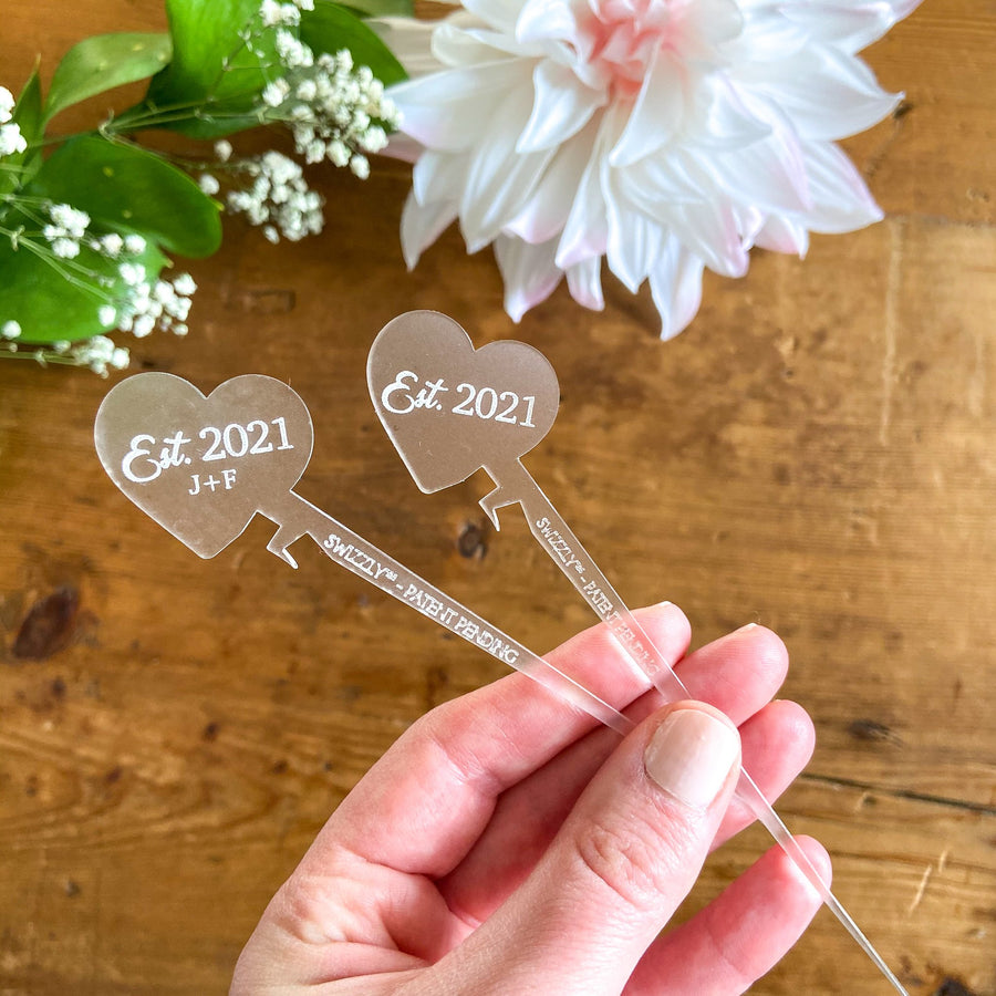 Personalized wedding drink stirrers for bridal shower, cocktail hour or wedding reception, heart Swizzly drink marker and cocktail pick