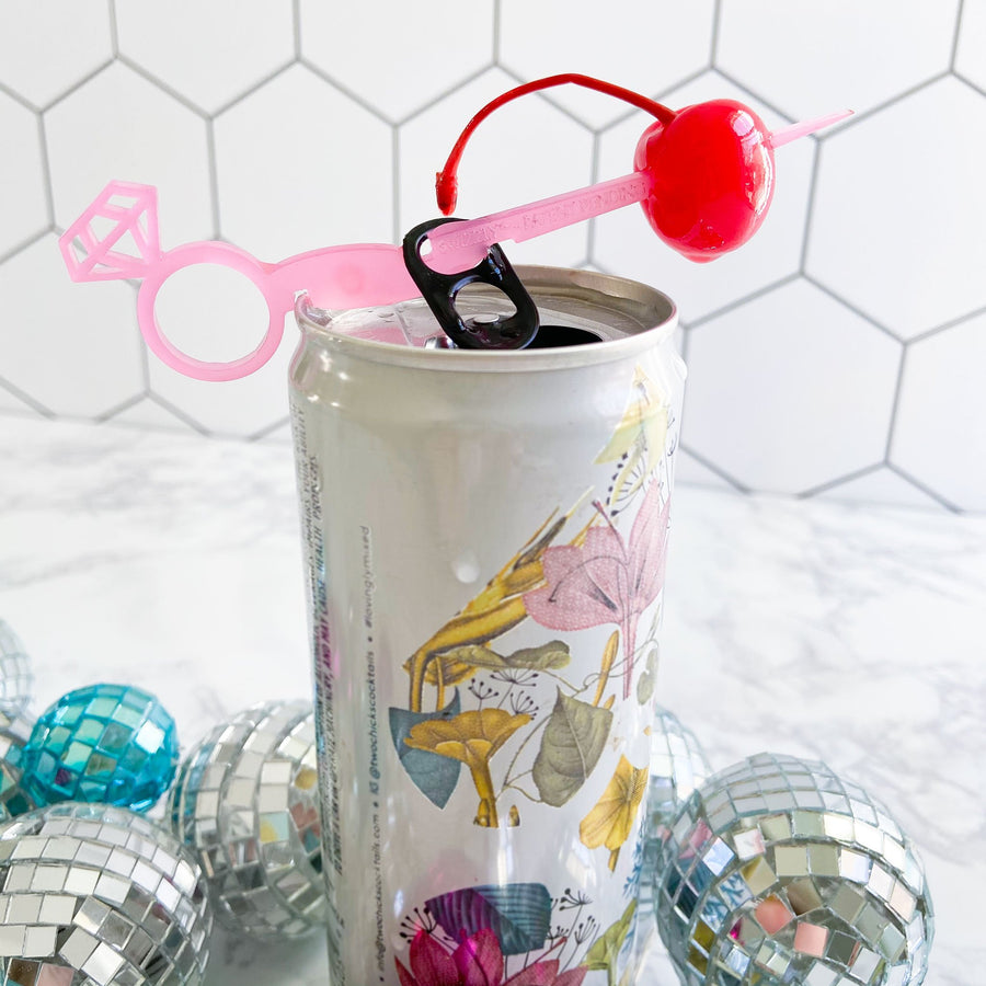Hot pink diamond ring Swizzly Stick for cans. Perfect bachelorette party favor drink marker for cans.