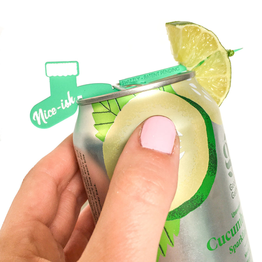 Christmas stocking drink marker for cans  that attaches to the rim of most cans and allows you to add garnish to canned drinks- the Swizzly