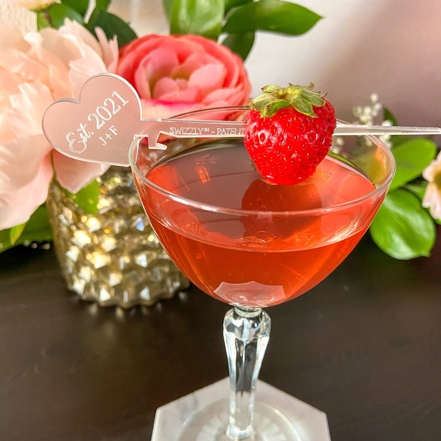 Personalized initial 2021 wedding drink stirrers, heart Swizzly drink marker + cocktail pick 