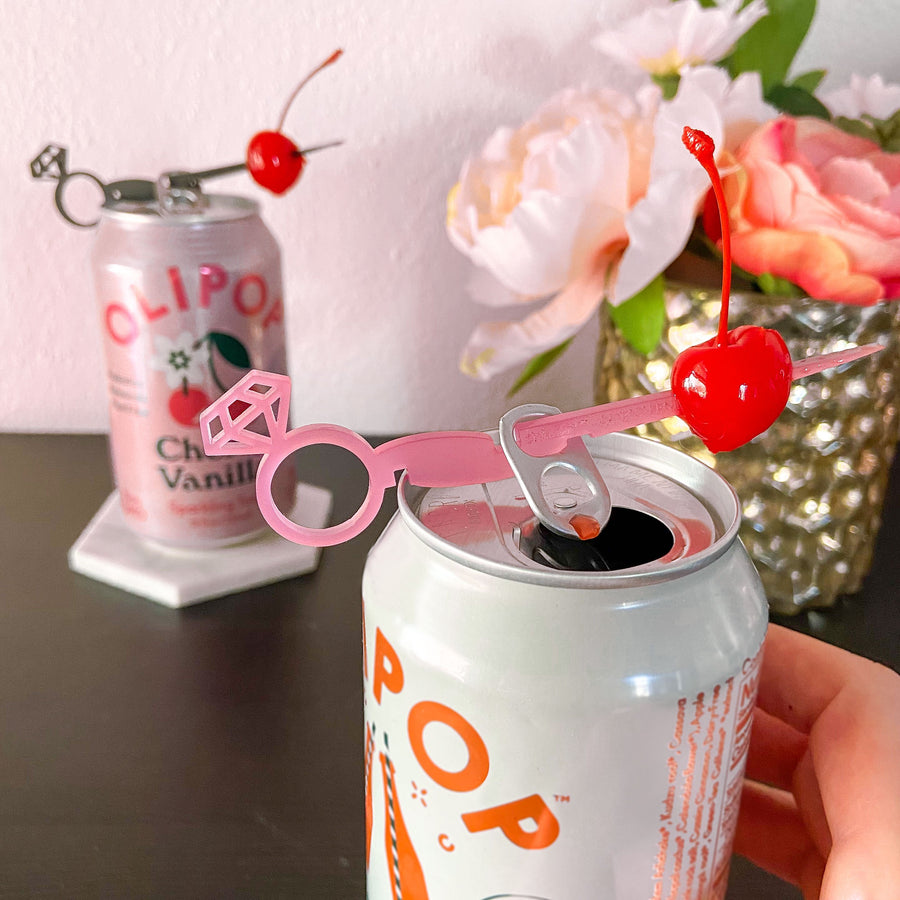 Bachelorette party favor pink and black diamond ring drink markers for cans Swizzly Sticks.
