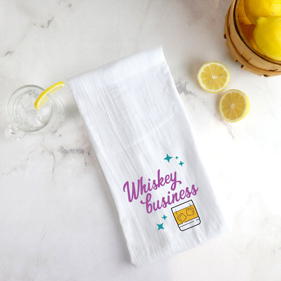 Whiskey themed tea towel cocktail gift idea. 'Whiskey business
